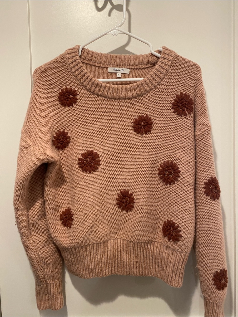Madewell Dusky Pink Crewneck Sweater with Brown Floral Appliqués
